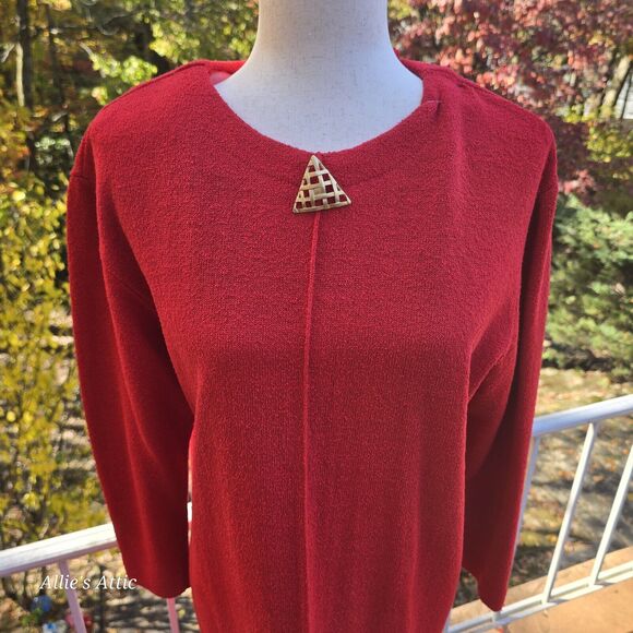 Castleberry London NY Vtg 70s 80s Red Knit Long Sleeve Terry Cloth Dress USA 12 - Picture 2 of 5